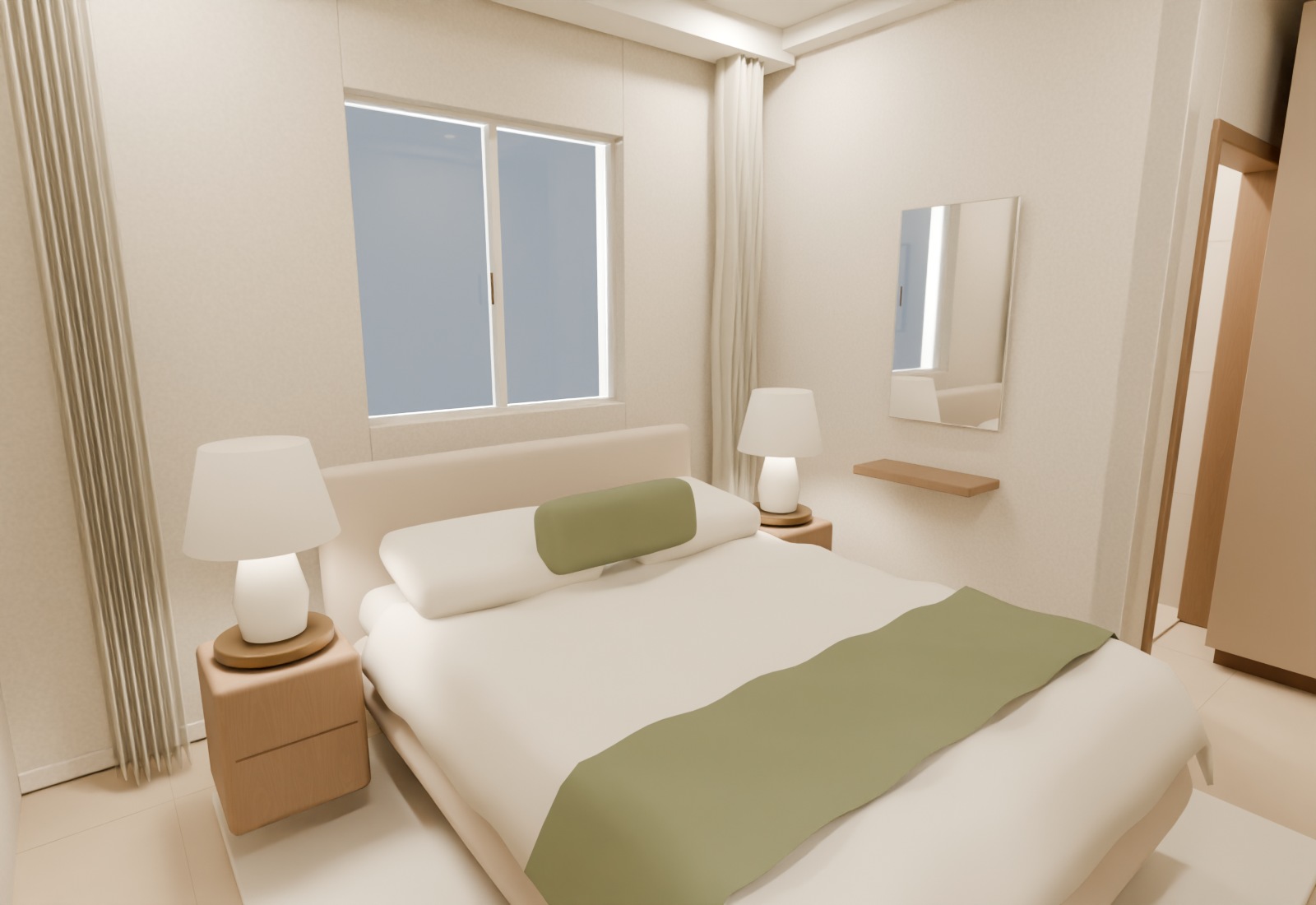 Main bedroom with cream bedding, oak furniture and olive throw