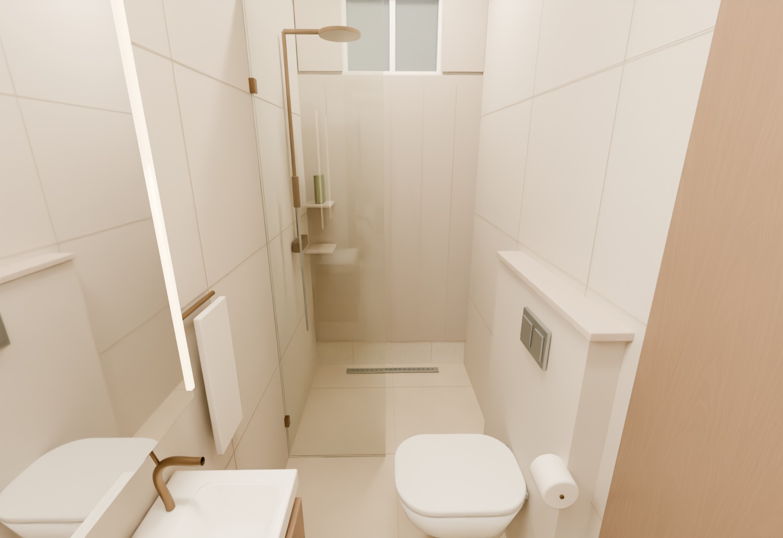 Warm tiled bathroom with compact WC, slim basin and separate shower