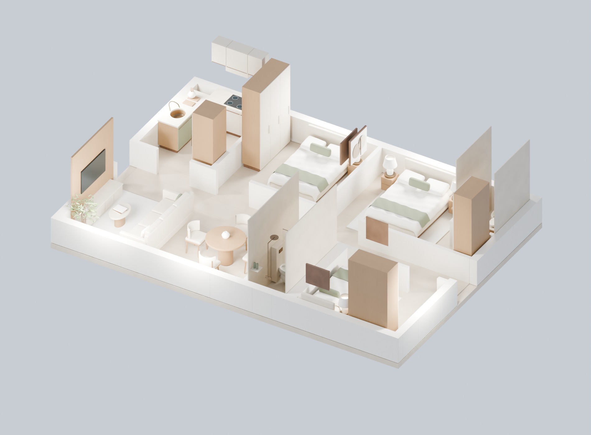Open-top three-dimensional view of the furnished first floor