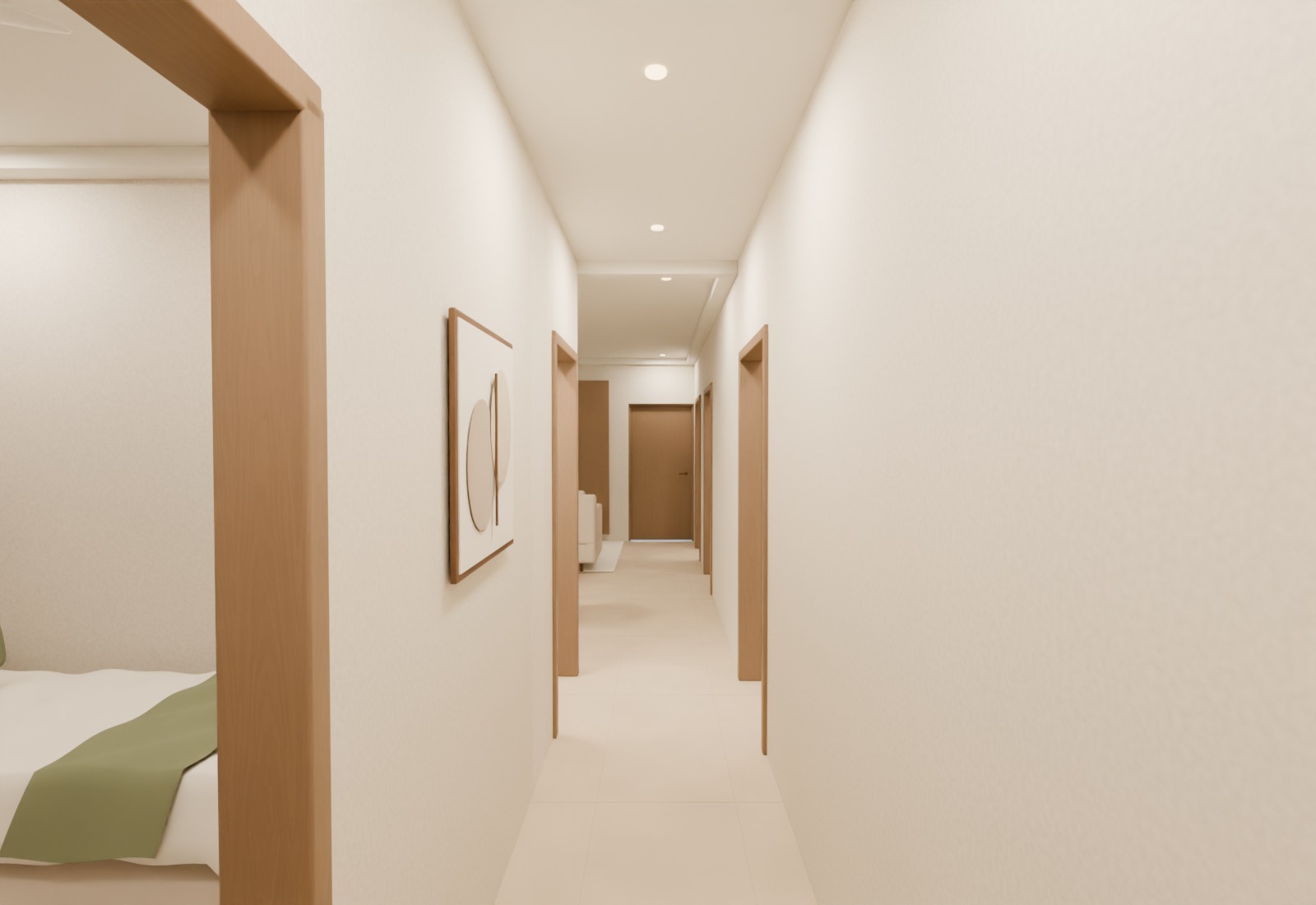 Entrance gallery with room doors on either side and the hall ahead